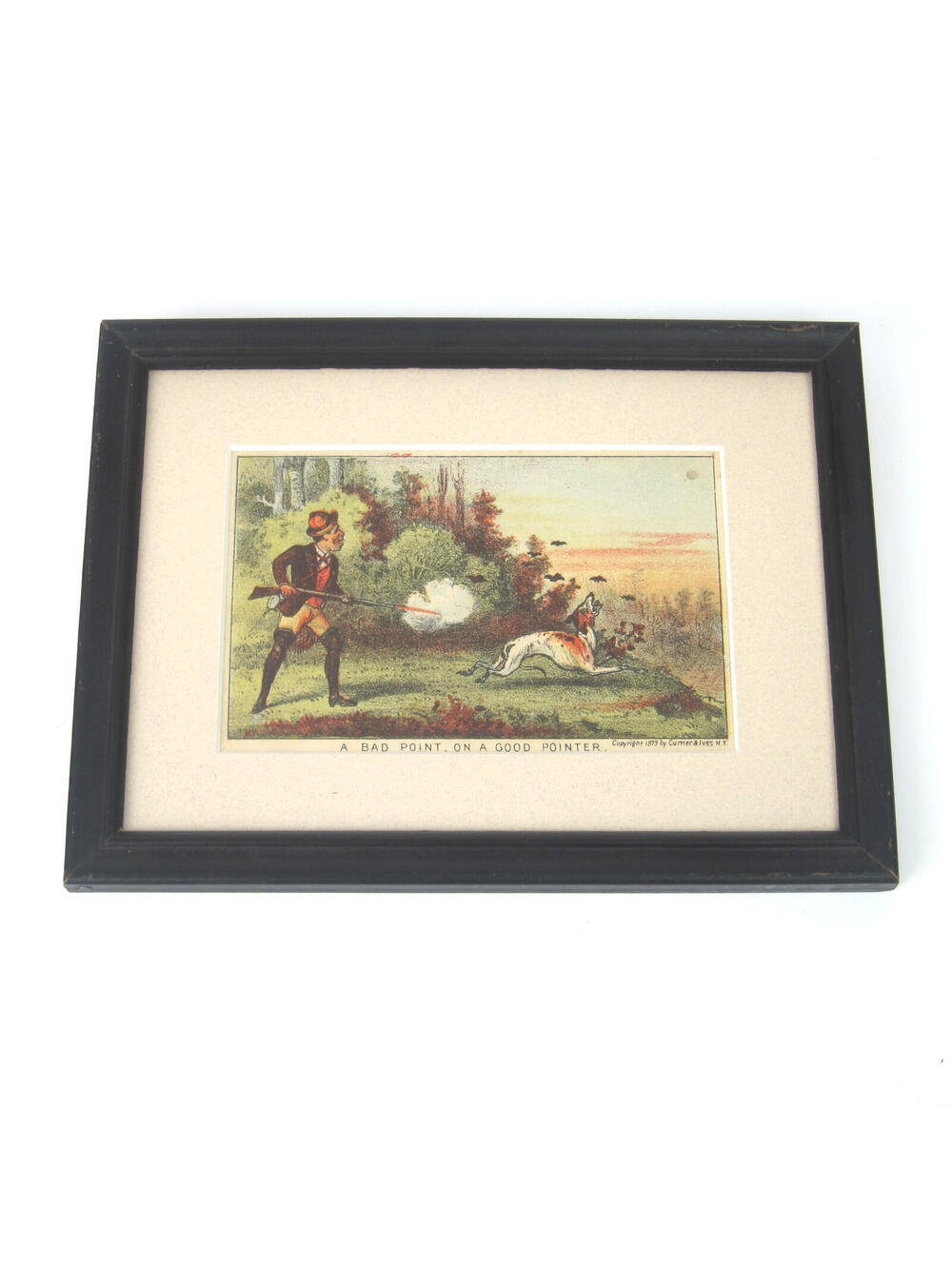 Currier & Ives Comic Trade Card Print Hunting Man Shoots Dog Framed Antique 1879